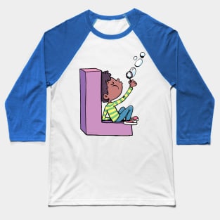 boy blows soap bubbles while sitting on the letter L Baseball T-Shirt
